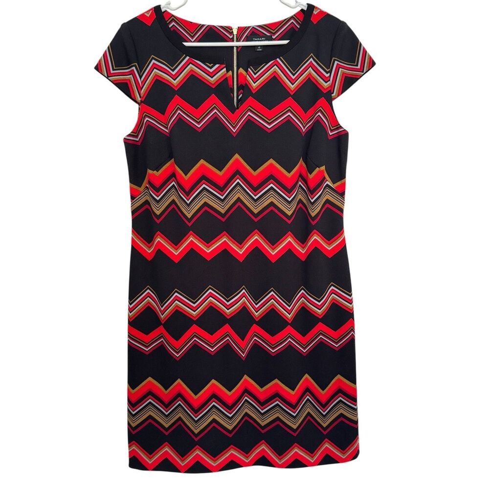 TAHARI Arthur S. Levine Women's Size 10 Black & Red Zig-Zag Dress 80's Casual